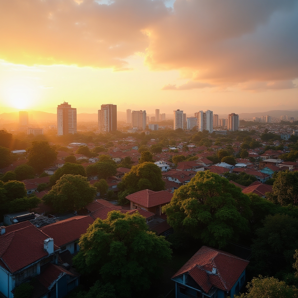 Panoramic view of Davao City skyline at golden hour with residential neighborhoods visible in the foreground
