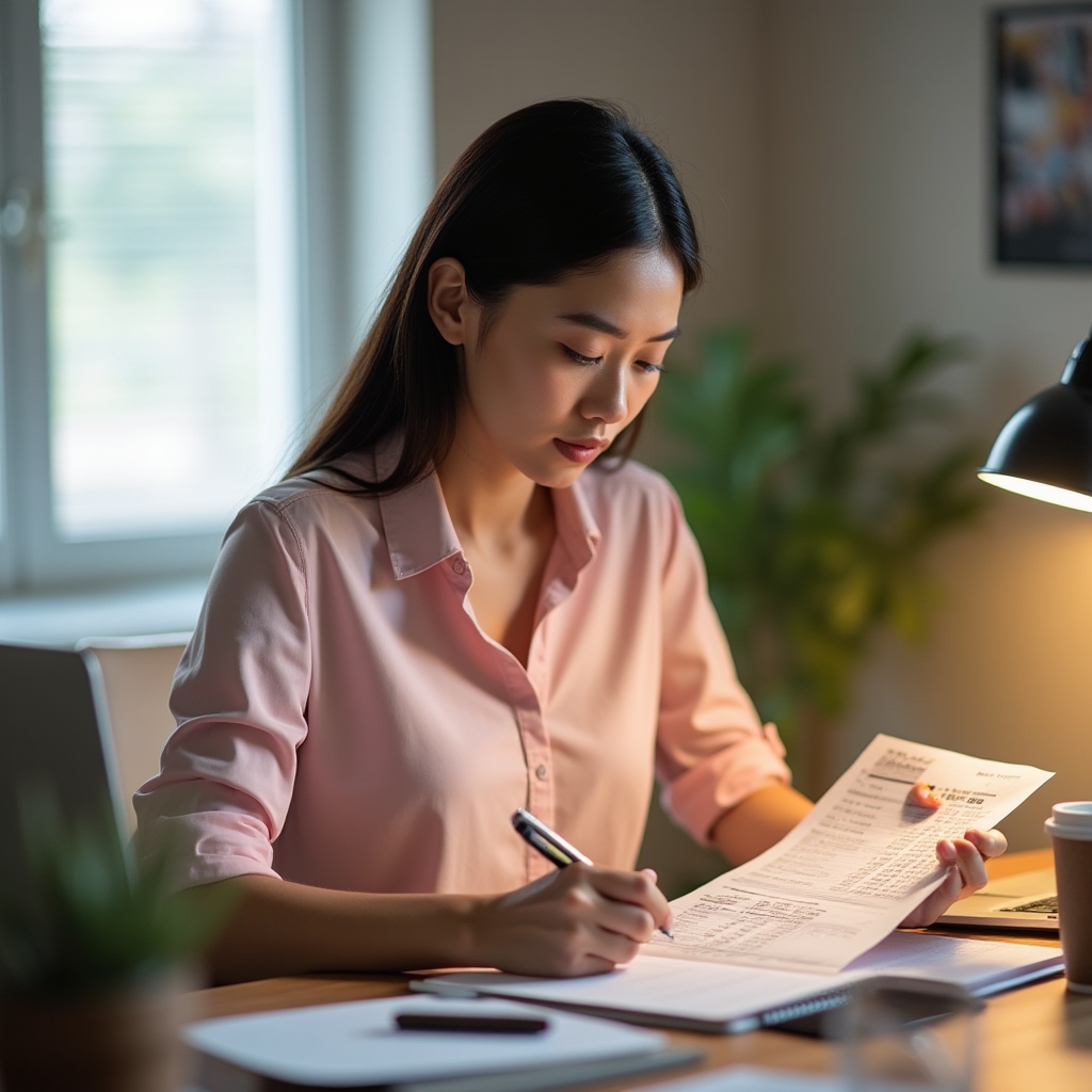 Filipino professional reviewing payslip and budget notebook on organized work desk with warm lighting
